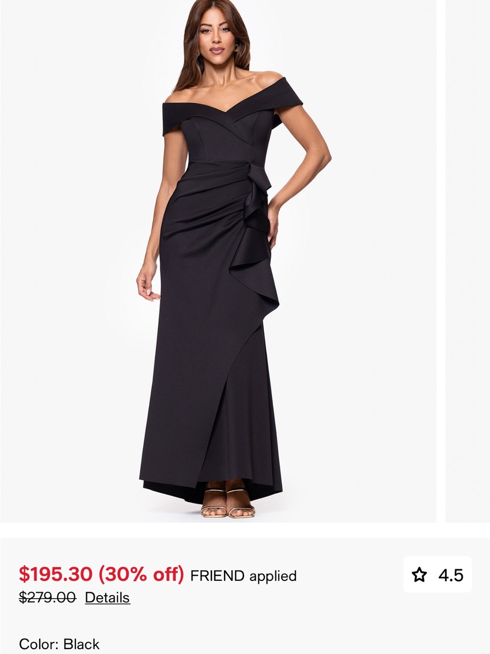 Xscape Black Off-Shoulder Ruffle Evening Gown